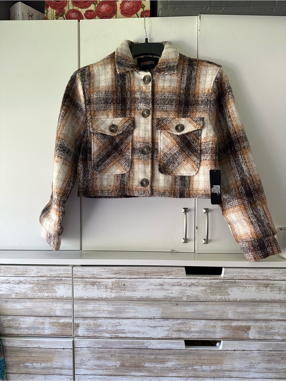 🤎 Ambiance Juniors Plaid Cropped Shacket Jacket Button Front Small NWT